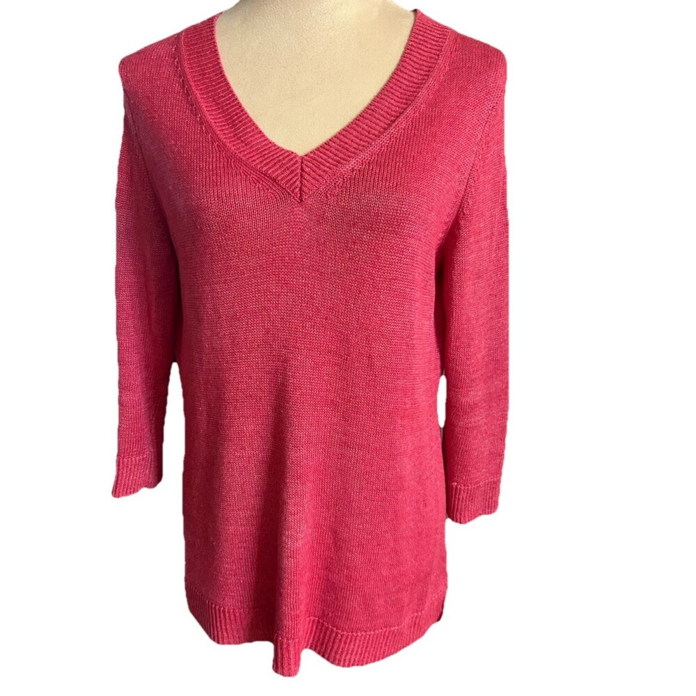 Talbots Women's M Pink 100% Linen V Neck Pullover Sweater Knit 3/4 Sleeves